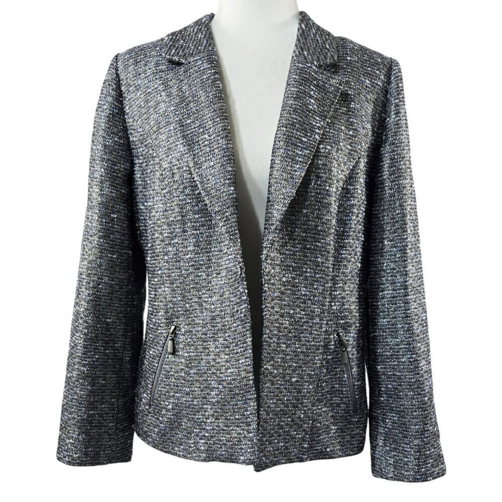 Chico's Silver Blue Metallic Open Front Blazer Zip Pockets Party Shimmering
